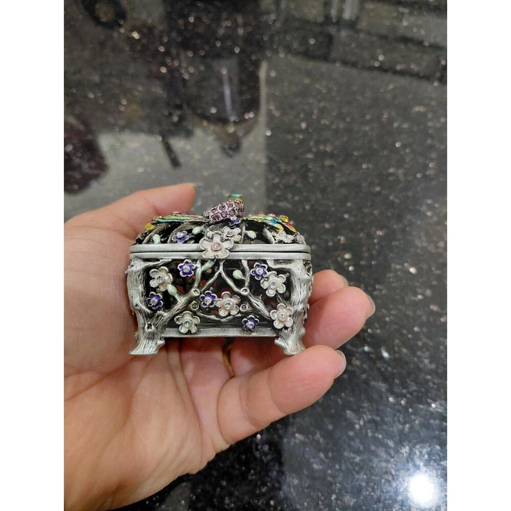 Vtg Enameled Peacock Colorful Rhinestones Trinket Ring Box Flowers